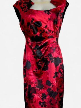 Connected Apparel romantic red and black satin floral midi dress